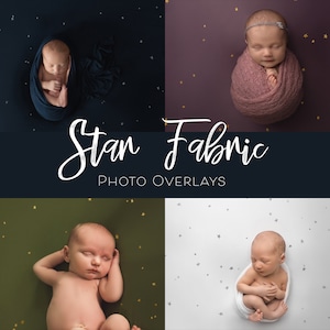 Four photos of different newborn babies sleeping on a fabric with star designs on them.