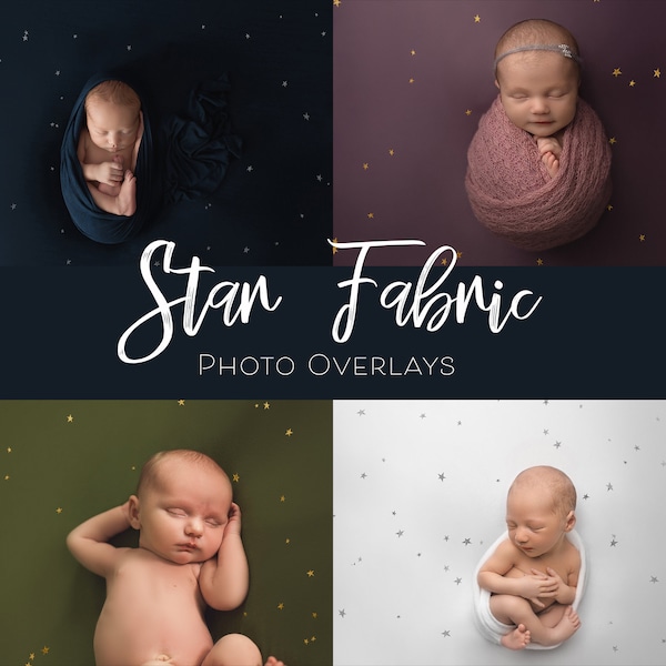 Sovrapposizioni di tessuto a stelle per la fotografia di neonati: oro e argento (download digitale PNG)