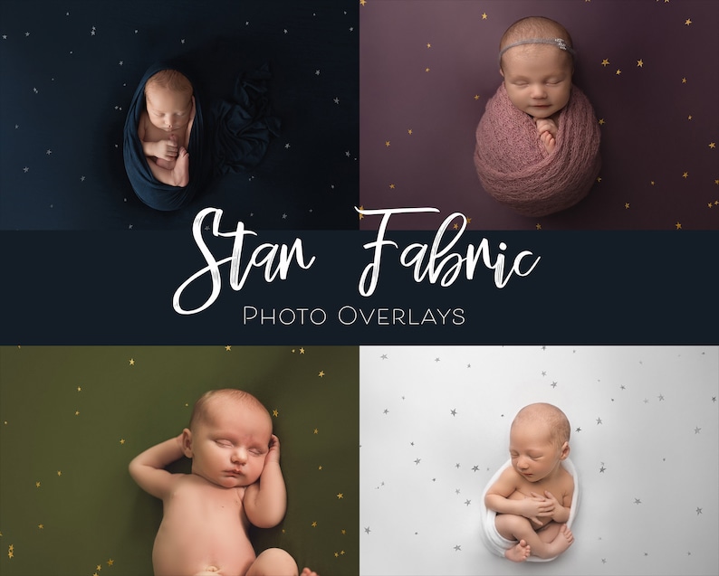 Four photos of different newborn babies sleeping on a fabric with star designs on them.
