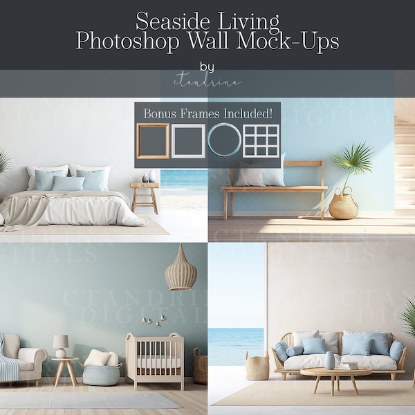 Wall Mock-Ups, Seaside Living Room Wall Mock-Ups, Photo Wall Mock-ups, Room Mock-Ups, IPS Photo Masks, Wall Frame Masks for Website and Blog