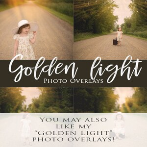 May include: A digital photo overlay with the text "Golden Light Photo Overlays" and a photo of a young girl wearing a white hat and a floral dress standing on a dirt road with a golden light shining through the trees.