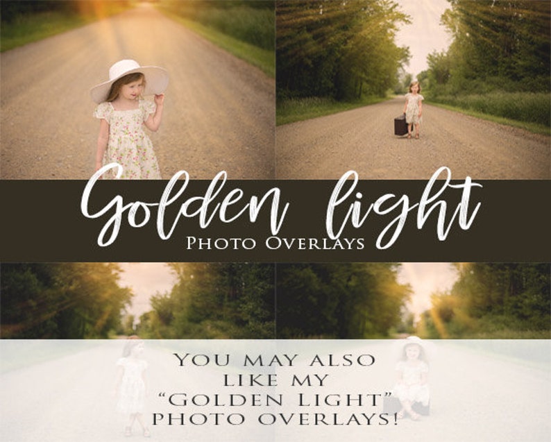 May include: A digital photo overlay with the text "Golden Light Photo Overlays" and a photo of a young girl wearing a white hat and a floral dress standing on a dirt road with a golden light shining through the trees.