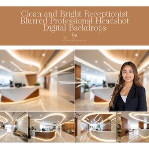 May include: A blurred background image of a modern office reception area with a white desk and a person standing in front of it. The background is ideal for use as a professional headshot backdrop.