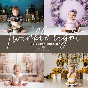 以下が含まれることがあります： ケーキと飾り付けで1歳の誕生日を祝う子供たちの画像が4枚あります。最初の画像は、ケーキとフェアリーライトのある森の背景に子供がいるものです。2枚目は、ケーキとフェアリーライトのある紫色の花の背景に子供がいるものです。3枚目は、ケーキとフェアリーライトのある白とピンクの背景に子供がいるものです。4枚目は、ケーキとフェアリーライトのあるヒマワリの背景に子供がいるものです。画像は「Twinkle Light Photoshop Brushes by etalrine」というタイトルです。