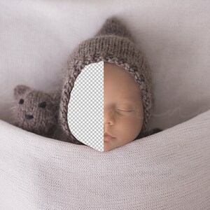 Teddy Bear Under Covers with Pixie Bonnet Newborn Digital Backdrop, PNG Newborn Digital Background, Replace the Face Backdrop for Photoshop