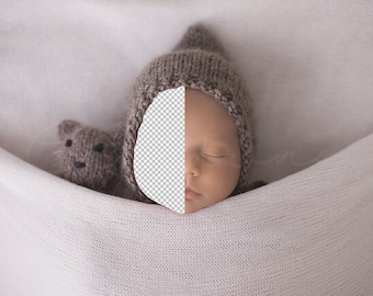 Teddy Bear Under Covers with Pixie Bonnet Newborn Digital Backdrop, PNG Newborn Digital Background, Replace the Face Backdrop for Photoshop