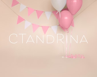 Pink Balloon Birthday Backdrop: Girl Smash Cake Photo (Digital Download)