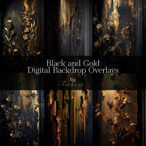 Black and Gold Floral Digital Backdrop Overlays (Digital Download)