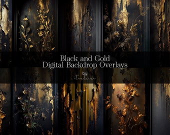 Black and Gold Floral Digital Backdrop Overlays (Digital Download)