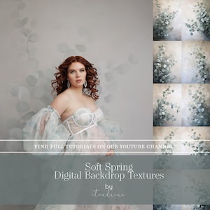 May include: A woman in a white and blue dress poses in front of a soft, light gray background with a subtle floral pattern. The text "Soft Spring Digital Backdrop Textures by etendrina" is at the bottom of the image.