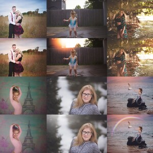 May include: A collage of nine images featuring different people and scenes. The top row shows a couple posing in a field, a young girl standing in a puddle, and a woman standing on a beach. The middle row shows a couple posing in a field, a young girl standing in a puddle, and a woman standing on a beach. The bottom row shows a young girl in a ballet pose, a woman with glasses looking at the camera, and a young girl dressed as a mermaid on a rock.
