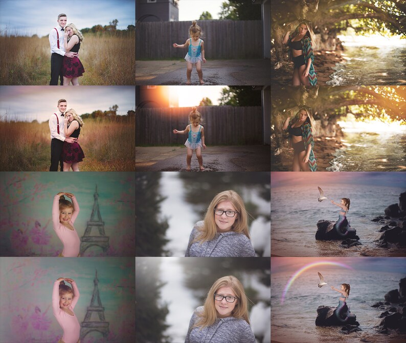 May include: A collage of nine images featuring different people and scenes. The top row shows a couple posing in a field, a young girl standing in a puddle, and a woman standing on a beach. The middle row shows a couple posing in a field, a young girl standing in a puddle, and a woman standing on a beach. The bottom row shows a young girl in a ballet pose, a woman with glasses looking at the camera, and a young girl dressed as a mermaid on a rock.