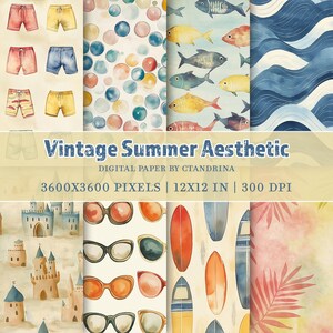K&ouml;nnte beinhalten: Ein digitales Papier-Set mit Vintage-Sommer-&Auml;sthetik. Das Bild zeigt Aquarellillustrationen von Badehosen, Blasen, Fischen, Wellen, Sandburgen, Sonnenbrillen, Surfbrettern und tropischen Bl&auml;ttern. Der Text lautet "Vintage Summer Aesthetic".