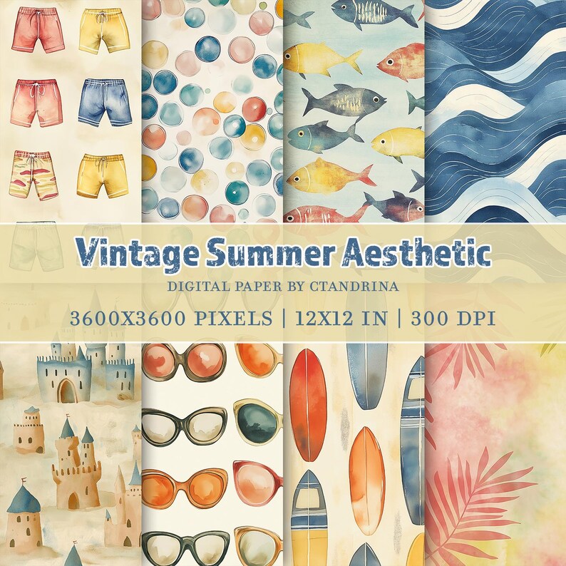 K&ouml;nnte beinhalten: Ein digitales Papier-Set mit Vintage-Sommer-&Auml;sthetik. Das Bild zeigt Aquarellillustrationen von Badehosen, Blasen, Fischen, Wellen, Sandburgen, Sonnenbrillen, Surfbrettern und tropischen Bl&auml;ttern. Der Text lautet "Vintage Summer Aesthetic".
