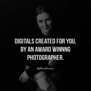 May include: Black and white photograph of a woman smiling. The text "DIGITALS CREATED FOR YOU, BY AN AWARD WINNING PHOTOGRAPHER." is displayed above her. The text "@tandrina" is displayed below her.