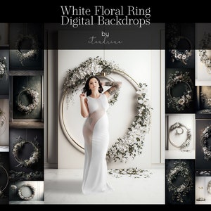 Fondos de anillo floral blanco, fondos de aro floral, fondos digitales de maternidad, fondos de anillo de flores para compuesto de Photoshop