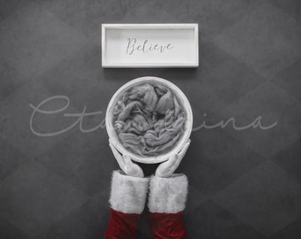 May include: A white bowl filled with gray, fluffy material, held by a pair of hands wearing red and white Santa Claus gloves. A white sign above the bowl reads "Believe".