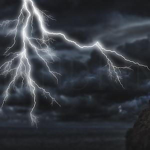 May include: A dramatic image of a lightning bolt striking through dark, stormy clouds over a rocky cliff and the sea.