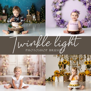 4 photos, all of toddlers during a cake smash session with their own theme exemplifying the usage of twinkle light brushes.