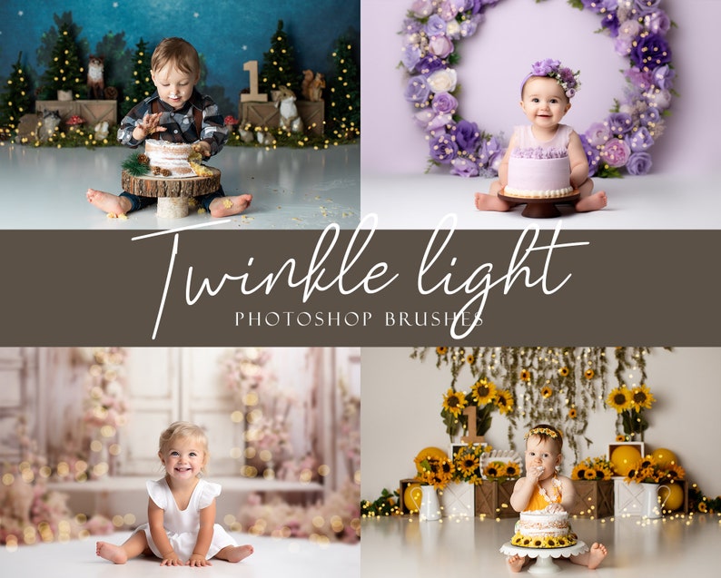 4 photos, all of toddlers during a cake smash session with their own theme exemplifying the usage of twinkle light brushes.