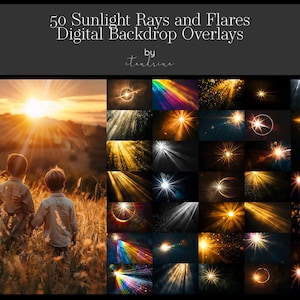 May include: Digital backdrop overlays featuring 50 sunlight rays and flares. The image includes a variety of light effects, including sunbeams, lens flares, and bokeh, in various colors and styles. The image also includes a photo of two children in a field.