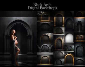 Black Arch Digital Backdrops, Wall Arch Backdrops, Black Wall Arch Backdrops, Black and Gold Arch Backgrounds, Maternity Backdrops