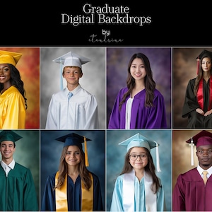 Op de afbeelding: Een collage van acht afgestudeerden in afstudeerkleding, elk met een hoed en toga. De toga's zijn in verschillende kleuren, waaronder geel, wit, paars, zwart, groen en bordeauxrood. De afbeelding bevat de tekst "Graduate Digital Backdrops".