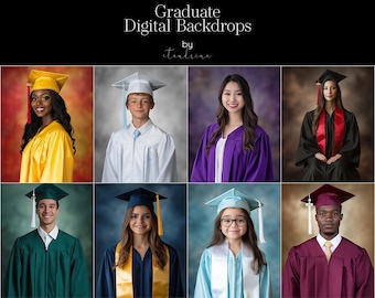 May include: A collage of eight individuals in graduation attire, each wearing a cap and gown. The gowns are in various colors, including yellow, white, purple, black, green, and burgundy. The image includes the text "Graduate Digital Backdrops".