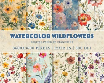 Watercolor Wildflower Digital Paper: Printable Scrapbook Designs (12x12", 300 DPI)