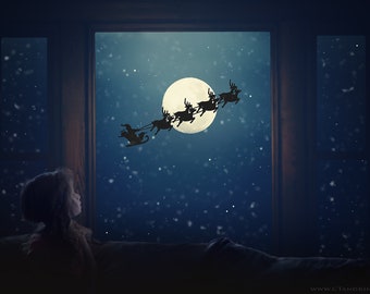 Santa and Reindeer in the Sky with Bonus Overlay, Christmas Digital Backdrop, Christmas Overlay, Santa and Reindeer Overlay for Photoshop