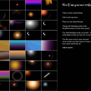 May include: A grid of 36 different overlays for use in photo editing software. The overlays include stars, moons, light flares, and rainbows. The text "How to use your new overlays." is displayed on the right side of the image.