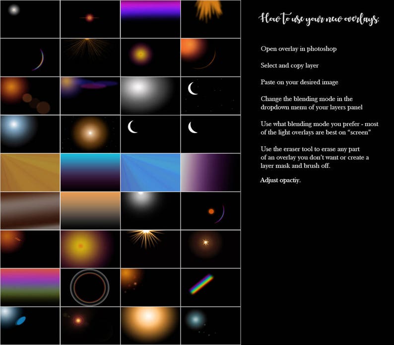 May include: A grid of 36 different overlays for use in photo editing software. The overlays include stars, moons, light flares, and rainbows. The text "How to use your new overlays." is displayed on the right side of the image.
