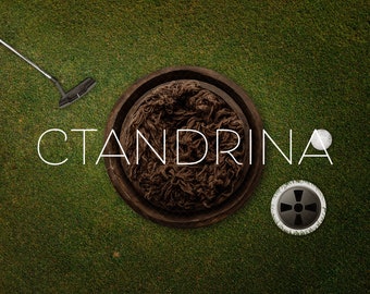 May include: A golf-themed image with a putter, a golf ball, and a golf hole on a green surface. A wooden bowl filled with brown material is in the center. The word "CTANDRINA" is written in white across the image.