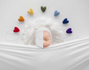 Rainbow Baby Newborn Digital Backdrop, Baby Under Covers Digital Backdrop, Cloud and Felt Hearts, PNG Newborn Digital Backdrop for Photoshop