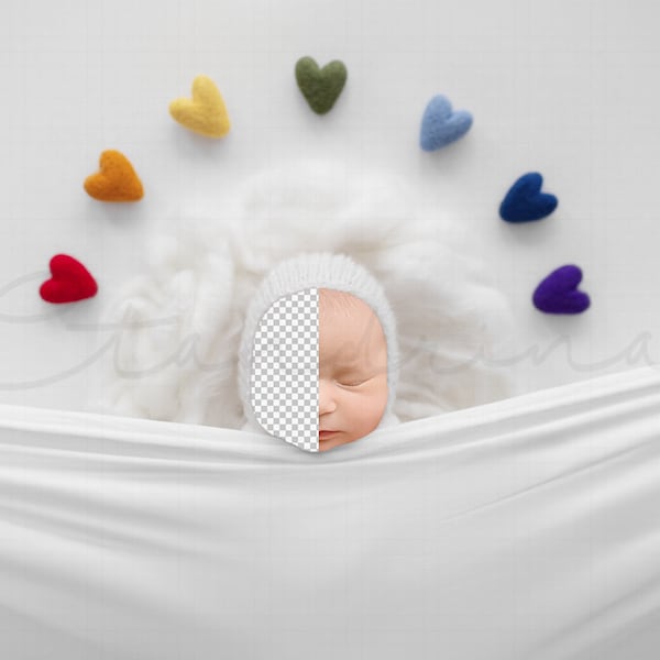 Rainbow Baby Newborn Digital Backdrop, Baby Under Covers Digital Backdrop, Cloud and Felt Hearts, PNG Newborn Digital Backdrop for Photoshop