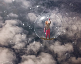 Toile de fond numérique bulles flottantes, fond numérique bulles dans le ciel, bulles au-dessus des nuages, toile de fond composite bulles pour Photoshop