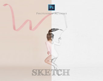 Peut inclure: Une image divisée en deux montrant une jeune fille en justaucorps blanc tenant un ruban rose sur le côté gauche, et un croquis de la même fille tenant un ruban sur le côté droit. Le texte "PHOTOSHOP ACTIONS" et "SKETCH" est visible sur l'image.