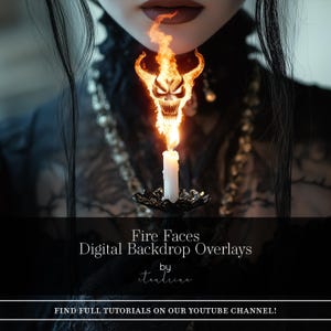 Puede incluir: Una superposición de fondo digital que presenta una cabeza de demonio de fuego con cuernos y una llama de vela. El texto "Fire Faces Digital Backdrop Overlays by tintrine" está en la parte inferior de la imagen.  Find full tutorials on our YouTube channel! también está incluido en la imagen.