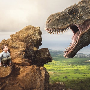 T-Rex Digital Background, Tyrannosaurus Rex Digital Backdrop, Fantasy Digital Backgrounds, Roaring T-Rex on Cliff Backdrop for Photoshop