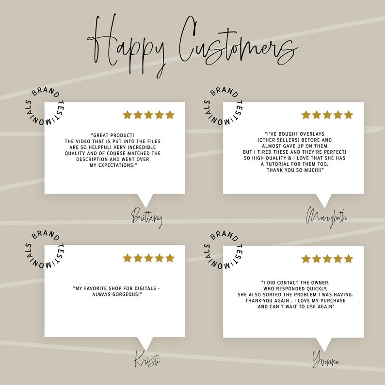 K&ouml;nnte beinhalten: Ein beigefarbener Hintergrund mit den Worten "Happy Customers" in eleganter Schrift. Vier Kundenbewertungen werden in wei&szlig;en Sprechblasen angezeigt, jede mit einer F&uuml;nf-Sterne-Bewertung und dem Namen eines Kunden. Die Worte "Brand Testimonials" sind in einem Kreis um jede Sprechblase.