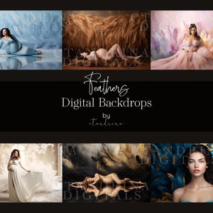 May include: A collection of digital backdrops featuring various feather designs. The backdrops are ideal for photographers looking to create unique and whimsical images. The backdrops include a variety of colours and textures, including white, blue, brown, and black.