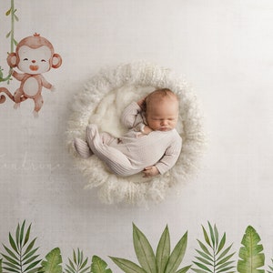 May include: A newborn baby wearing a light pink onesie lies in a fluffy white nest. A watercolor illustration of a smiling monkey hangs from a vine. Green tropical leaves are at the bottom of the image.