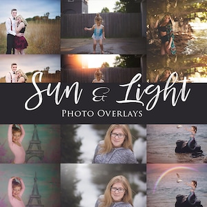 May include: A collage of images featuring various people and scenes, with the text "Sun & Light PHOTO OVERLAYS" at the center. The images include a couple in a field, a young girl in a puddle, a woman by the water, a girl in a ballet pose, a woman with glasses, and a mermaid on a rock.