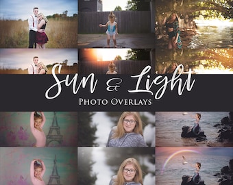 May include: A collage of images featuring various people and scenes, with the text "Sun & Light PHOTO OVERLAYS" at the center. The images include a couple in a field, a young girl in a puddle, a woman by the water, a girl in a ballet pose, a woman with glasses, and a mermaid on a rock.