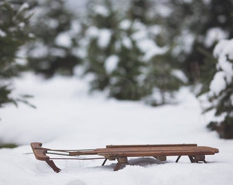 Snowy Sled & Trees Digital Backdrop: Winter Christmas Scene (Digital Download)