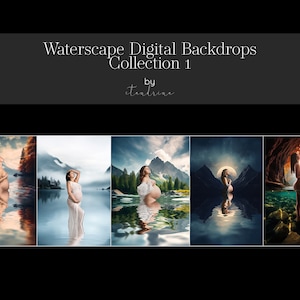 Puede incluir: Colección de cinco fondos digitales que muestran a una persona embarazada de pie en un lago con montañas y árboles en el fondo. Los fondos son en diferentes estaciones y condiciones de iluminación.