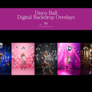 Könnte beinhalten: Fünf digitale Hintergründe mit Discokugeln und glitzernden Hintergründen. Die Hintergründe sind perfekt, um Ihren Fotos eine lustige und festliche Note zu verleihen.