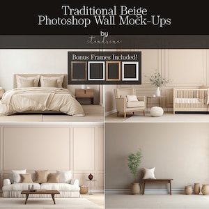 Pode incluir: Quatro maquetes de parede diferentes que apresentam uma parede bege com molduras brancas e vários móveis e decoração. As maquetes são ideais para mostrar obras de arte, fotos ou outra decoração de parede.