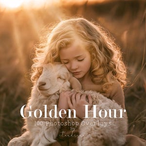 Peut inclure: Un produit numérique avec le texte Golden Hour 100 Photoshop Overlays by etienne. L'image montre un enfant aux longs cheveux blonds ondulés serrant dans ses bras un agneau de couleur claire dans un champ d'herbes hautes au coucher du soleil.