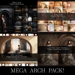 May include: A digital download pack of 40 archway backdrops and overlays. The pack includes black, boho, and ornate archways. The images are perfect for photographers and graphic designers.